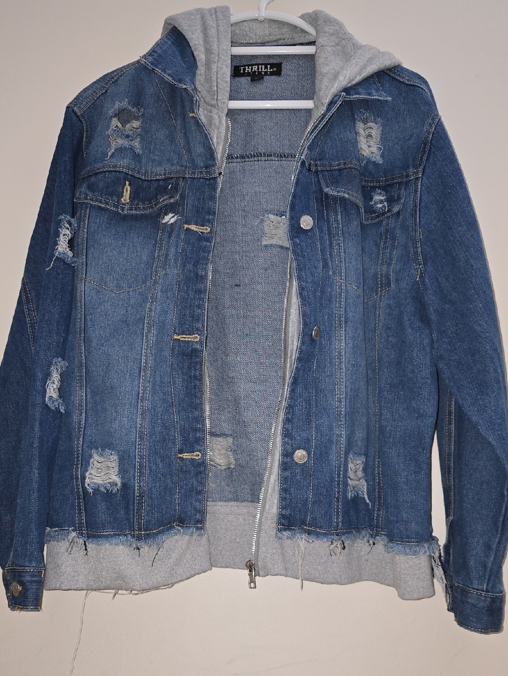 Thrill Blue Distressed Denim Jacket with Gray Hoodie